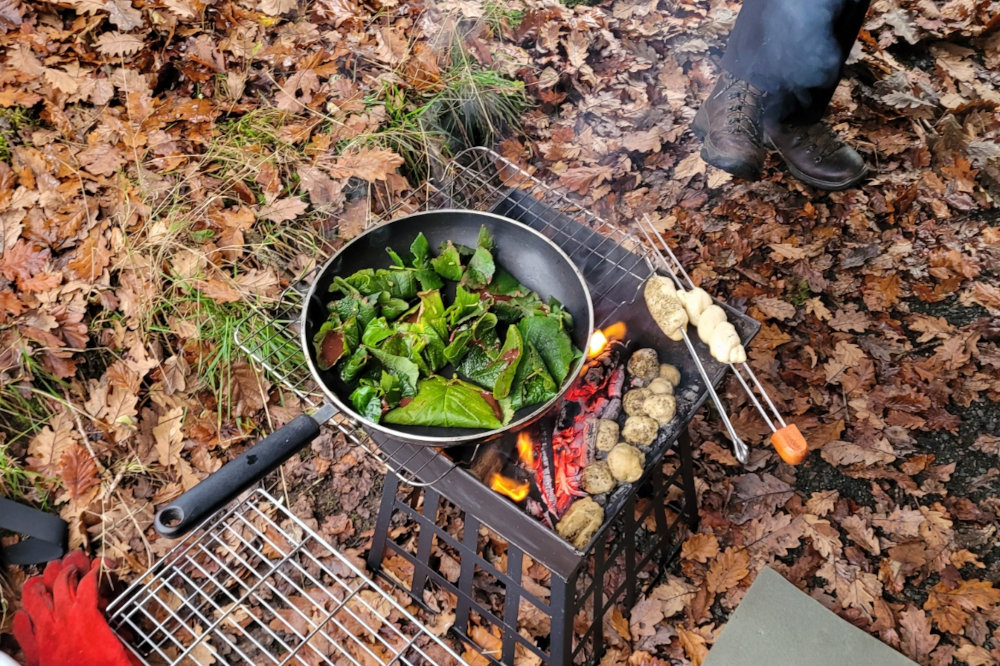 Close up of foraged food cooking on a camp fire.