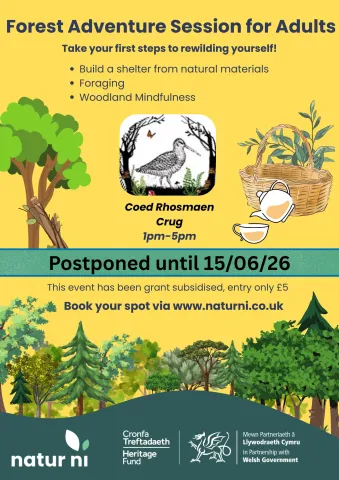 Poster with the key event details shown: text reads "postponed until 15/06/26. 1pm-5pm at Coed Rhosmaencrug.