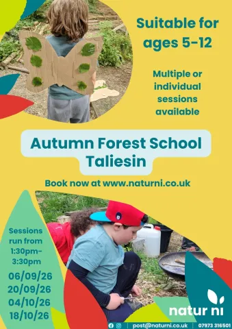 Image of the Autumn Forest School at Taliesin poster. Shows a picture of a child wearing 'woodland wings' and a child firelighting. 