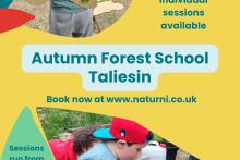 Image of the Autumn Forest School at Taliesin poster. Shows a picture of a child wearing 'woodland wings' and a child firelighting. 